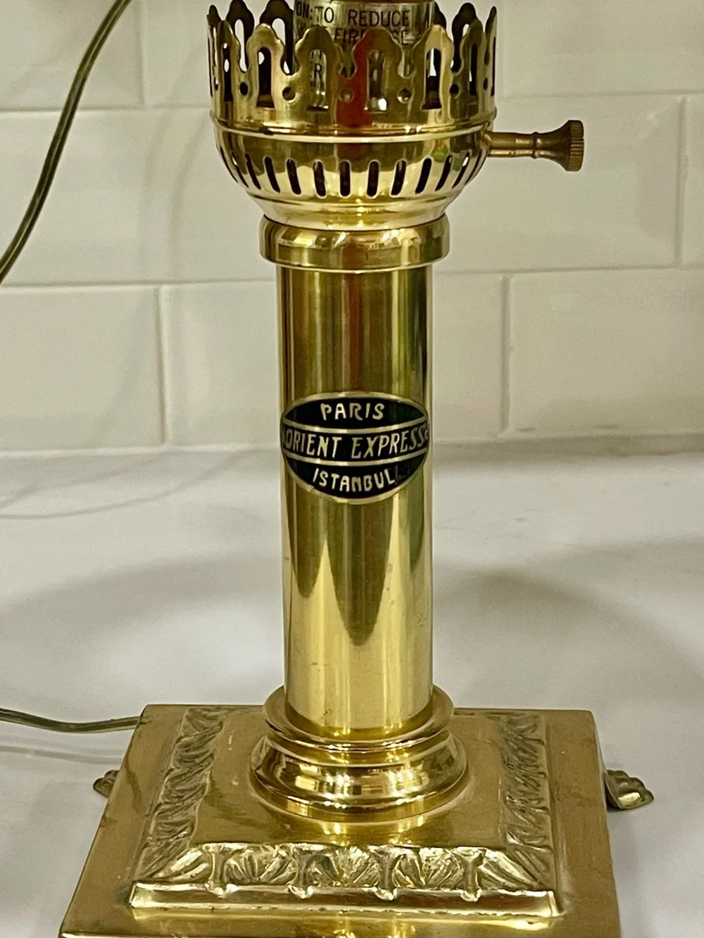 Brass Table Lamp Instanbul Adjustable Shade, Corded Knob, Orient Express Label